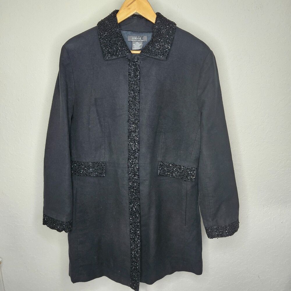 George ME by Mark Eisen Y2K Black Beaded Trim Cotton Coat Women’s‎ XL 16 18